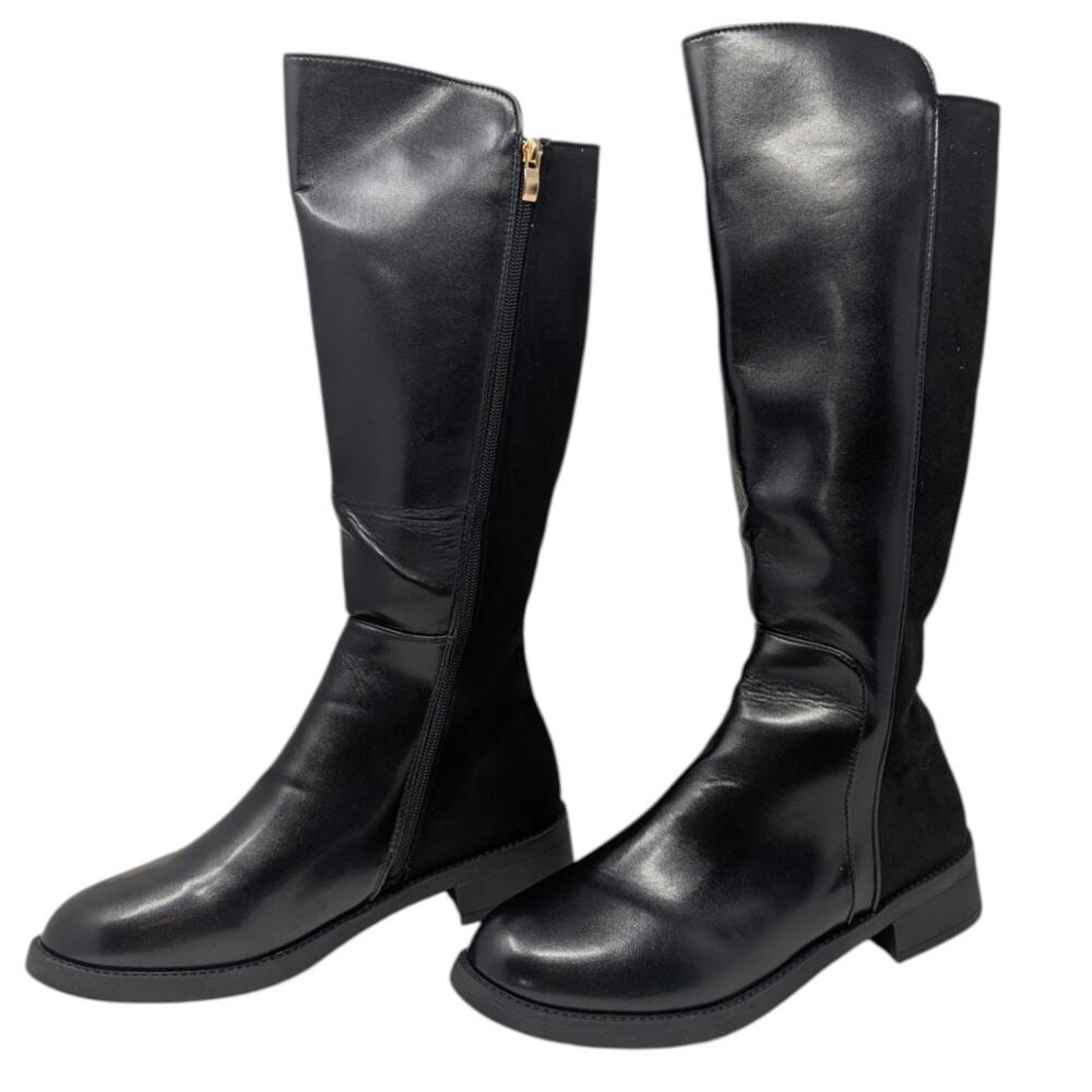 Black Vegan Leather Knee High Riding Boots Wide Calf Size 43 Zip Back Panel